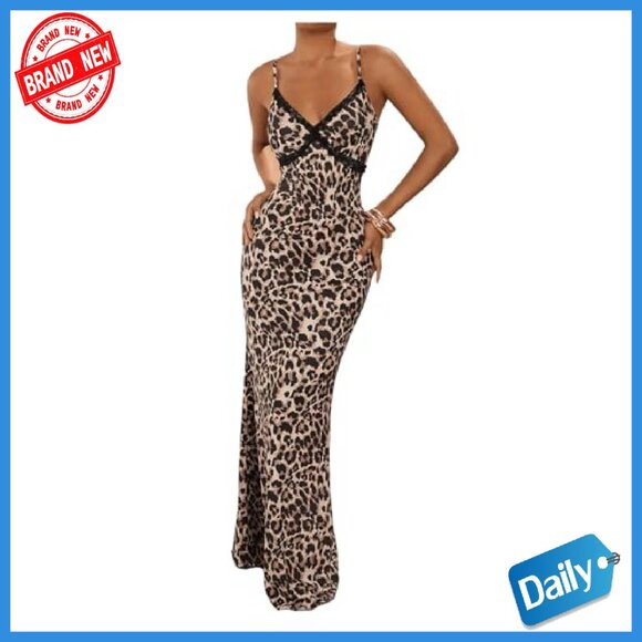 Stretchy Knit Bodycon Maxi Dress Spaghetti Strap Y2K Animal Print - Picture 2 of 6